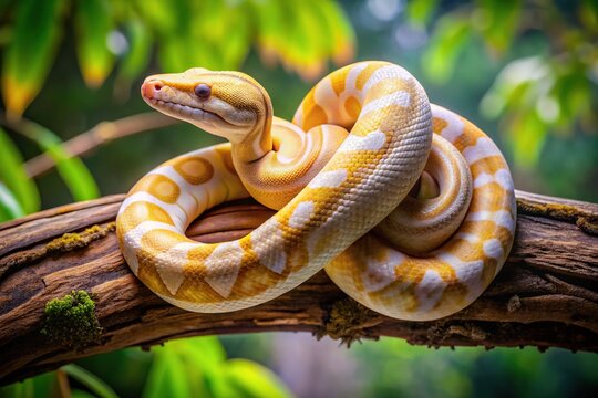 Captivating Vanilla Cream Ball Python Coiling Elegantly on a Branch in a Natural Habitat Setting