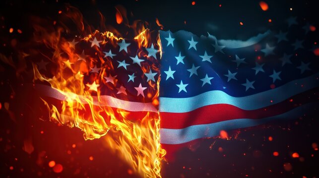 American flag burning in flames on dark background. Close up, usa vs russia war flags divided with fire, AI Generated