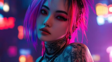 Fototapeta premium Cyberpunk Portrait of a Woman with Purple and Pink Hair