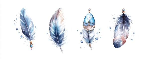 A serene illustration featuring four beautifully designed blue feathers adorned with delicate accents, evoking a sense of tranquility and grace.