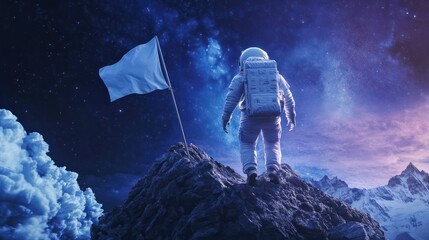 Obraz premium An astronaut scaling mountain with empty flag on journey to success under cosmic sky, Conquering new horizons