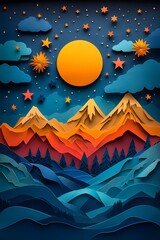 Layered papercut mountains, fireworks, and stars, vibrant New Year background with bold numbers