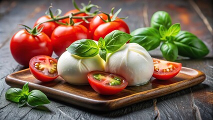 Eye level view of Italian mozzarella with tomato and basil on a plate