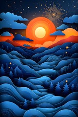 Fototapeta premium Papercut landscape with flowing abstract waves, stars, and fireworks for a festive New Year design