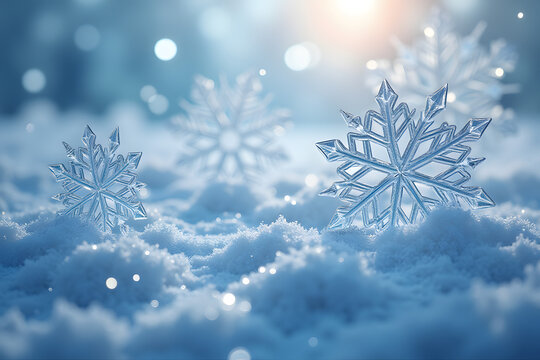 Snowflakes glistening on soft snow with a winter background