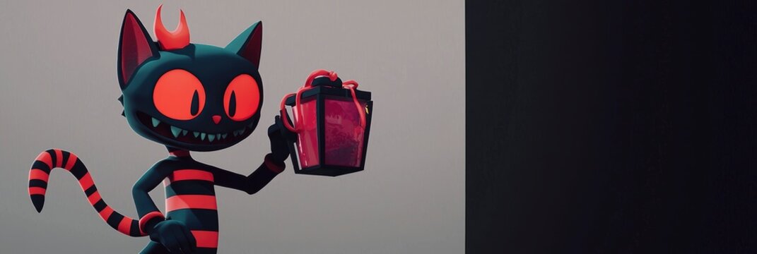 Black Cat with Red Horns and Lantern Holding a Red Gift