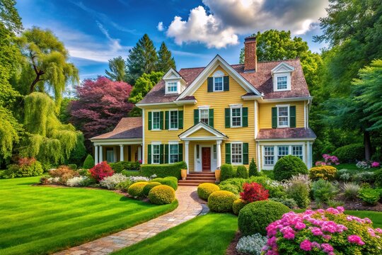 Charming New England Style House with Classic Architecture Surrounded by Lush Green Landscaping - Powered by Adobe