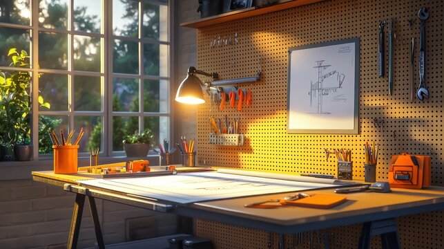 Home office with a creative workshop theme, featuring a drafting table, a pegboard with tools, and bright task lighting Creative and practical
