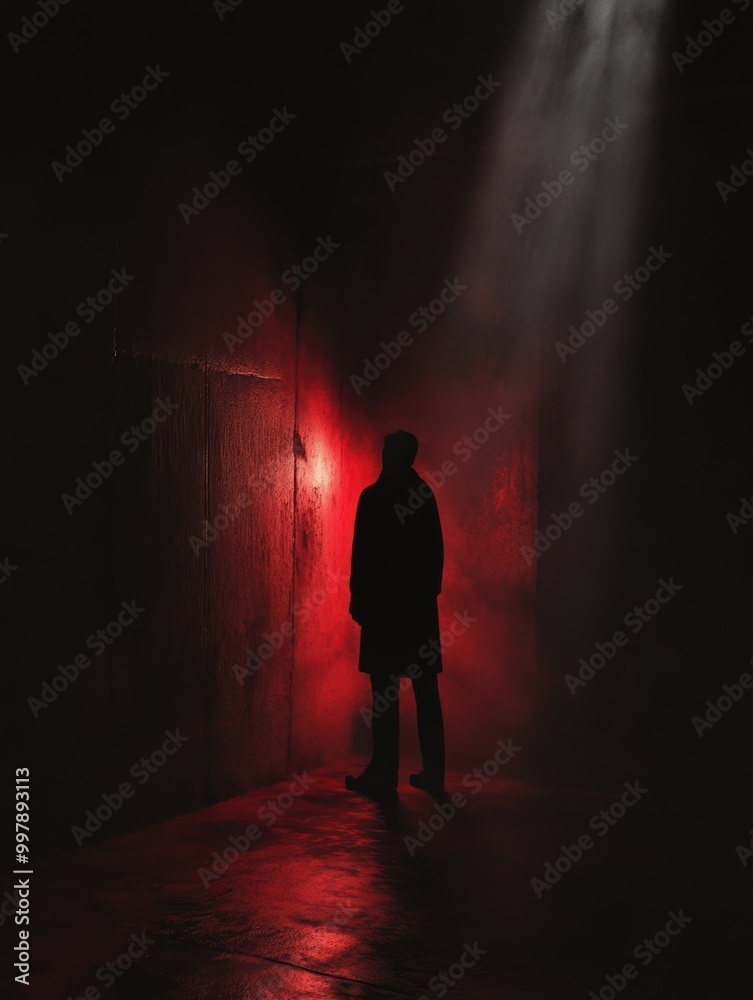 Poster a figure shrouded in darkness is caught in a single beam of light, surrounded by intense black and r