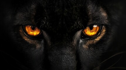 Black panther eyes background, wild cat animal face in night, vector yellow eyeballs in dark. Black panther eyes glow look in macro closeup, wildlife cheetah, puma or cheetah yellow evil eyes on blac