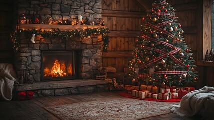 Fototapeta premium A Christmas tree wrapped in plaid ribbons, rustic wooden ornaments, and woolen garlands, placed in a warm log cabin with a large fireplace and cozy woolen blankets,