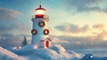 A snow-covered lighthouse decorated with Christmas wreaths
