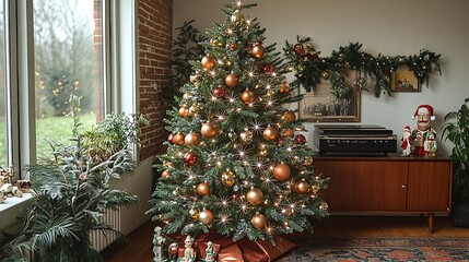 A classic 1960s-inspired Christmas tree adorned with shiny metallic ornaments, retro starburst tinsel, and antique figurines,
