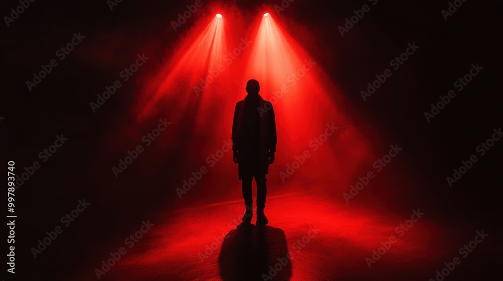 Poster in a dimly lit space, a single figure is highlighted by intense red lights, casting long shadows and