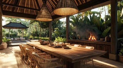 Fototapeta premium A cozy Balinese outdoor dining area with a large wooden table
