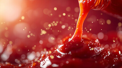 Thick Stream of Tomato Sauce Pouring from Bottle - A close-up shot of thick tomato sauce pouring from a bottle, showcasing its smooth texture and vibrant red color.
