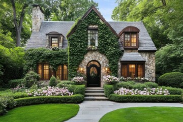 A charming stone cottage surrounded by lush greenery and colorful flowers, featuring ivy-covered walls and warm, inviting windows.