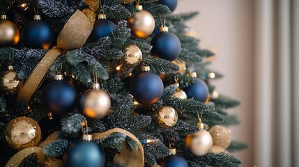 A close-up of a navy and gold themed Christmas tree, adorned with shimmering golden baubles, deep blue ornaments, and delicate gold ribbons,