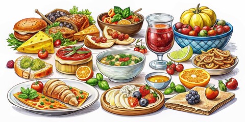 Colorful Hand-Drawn Illustrations of Various Delicious Foods on a White Background for Culinary Use