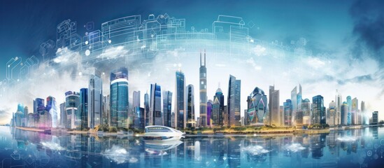 Naklejka premium Futuristic Cityscape with Digital Overlay