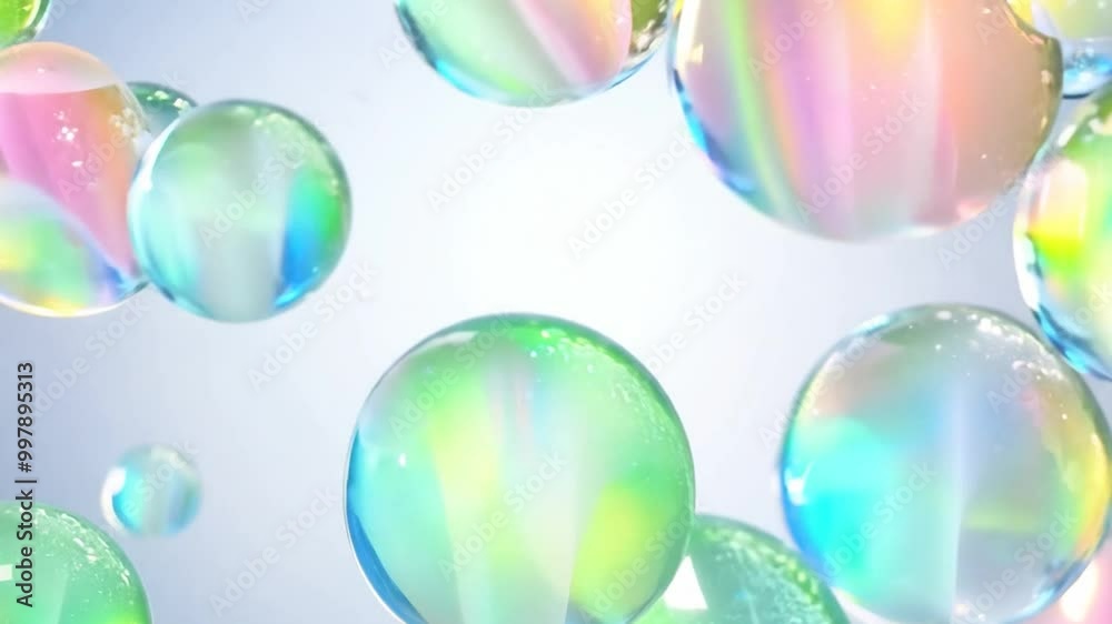 Poster soap bubbles are slowly floating upwards creating an abstract pattern. they are iridescent and refle