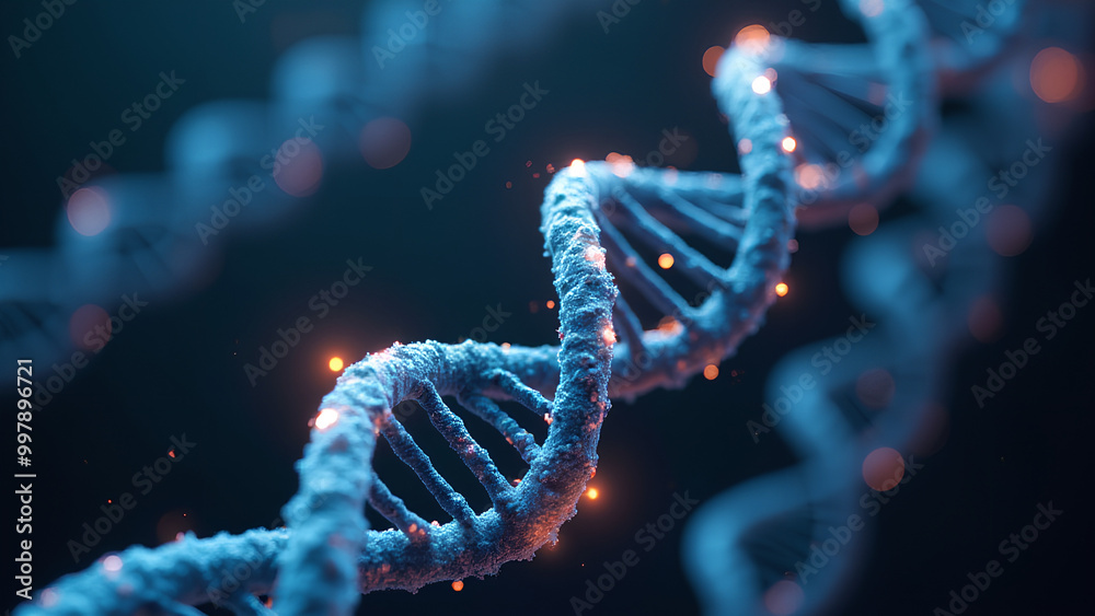 Wall mural digital representation of dna strands with glowing nodes symbolizing genetic biomarkers and molecula