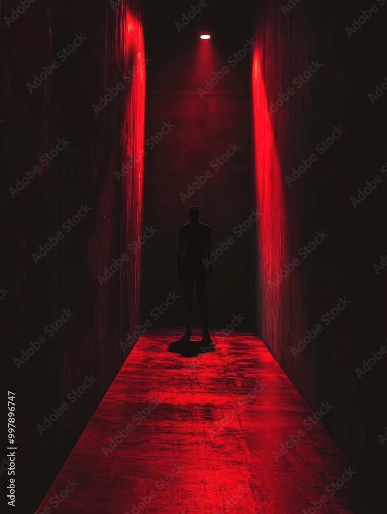 Poster In a dark corridor, a solitary figure is illuminated by a red spotlight, creating an atmosphere of tension and unease. Generative AI