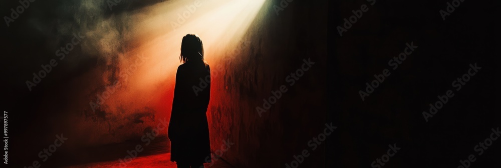 Aufkleber In a dimly lit space, a solitary figure is highlighted by a bright spotlight, creating an intense atmosphere filled with suspense. Generative AI