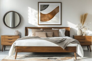 Modern minimalist bedroom interior with wooden furniture and contemporary artwork