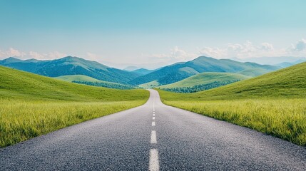 A road sign pointing to 'New Career', serene countryside with soft green hills and a blue sky, peaceful mood, realistic, medium shot with space for text.