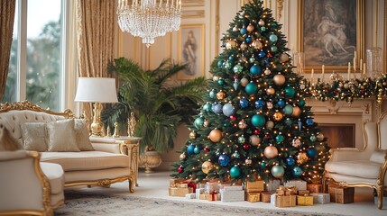 Fototapeta premium A dramatic Christmas tree adorned with rich emerald green, deep sapphire blue, and ruby red ornaments, placed in a regal living room with gold accents and a crystal chandelier,