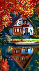 a picturesque autumn scene with vibrant red and orange foliage adorn the trees