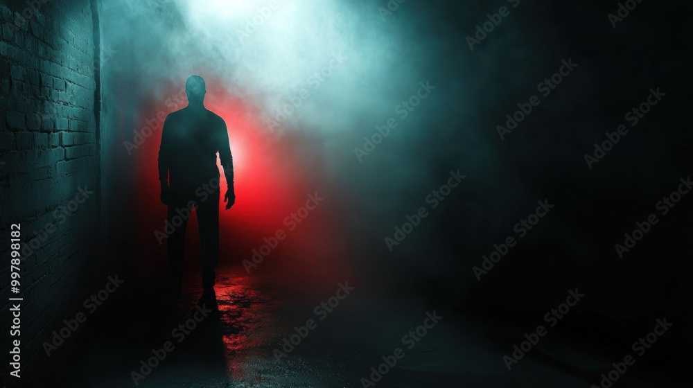 Poster in a dimly lit space, a mysterious silhouette is illuminated by a single spotlight, casting an eerie