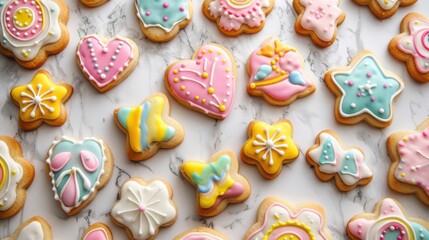 A close up of a variety of colorful cookies with hearts and stars on them