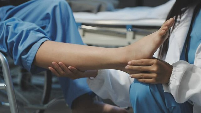 Asian female physiotherapist helping senior older woman stretching hamstring, Rehabilitation physiotherapy, elderly. Causes knee pain, swelling, redness, stiffness in knee, clunking noise in knee.