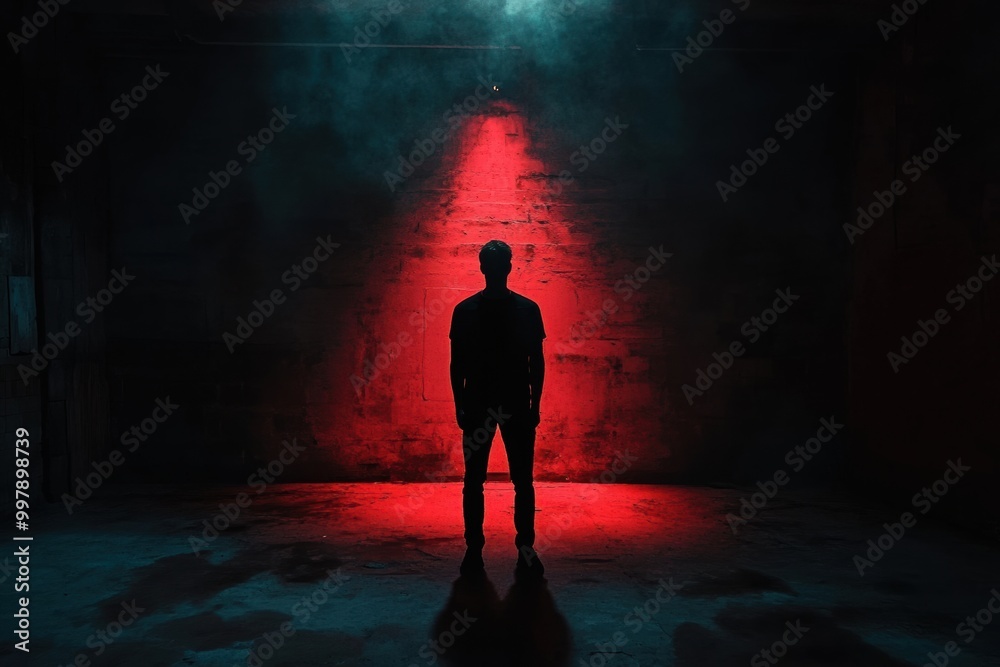 Poster In a dimly lit space, a singular figure is highlighted by intense red light, creating an atmosphere of suspense and unease. Generative AI