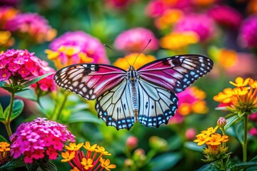 Obraz premium Delicate Pink Butterfly Resting on Vibrant Flowers in a Colorful Natural Garden Setting