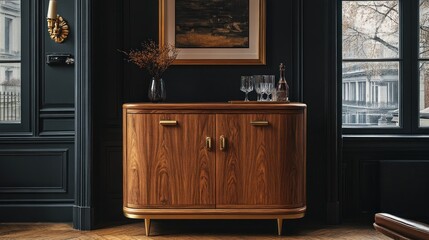 Elegant wooden cabinet in a stylish, dark interior setting.