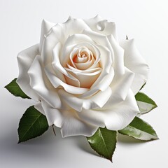 A pristine white rose in full bloom, featuring delicate petals and lush green leaves against a soft background.