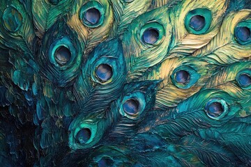 Obraz premium Feathered peacock tail texture, vibrant blues and greens with shimmering detail