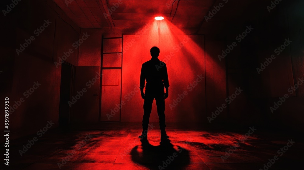 Poster A mysterious figure is illuminated by a solitary spotlight, creating an atmosphere of dread in a stark, shadowy environment. Generative AI