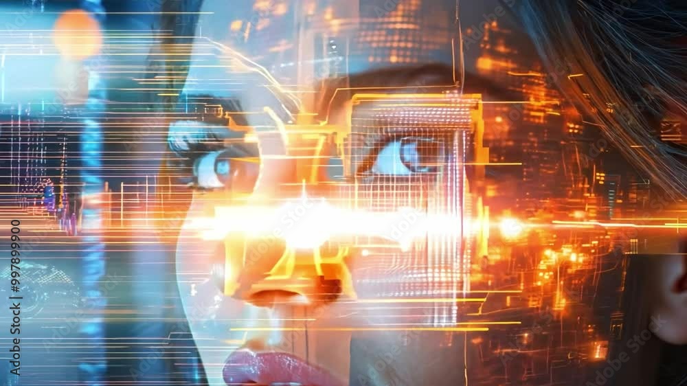 Poster A young woman appears deep in thought as she engages with digital technology, illuminated by bright lights and glowing patterns reflecting on her face.