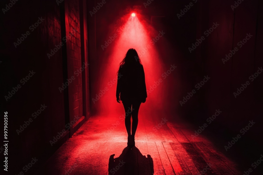 Poster a solitary figure is cloaked in shadows, surrounded by deep colors of black and red, creating an int