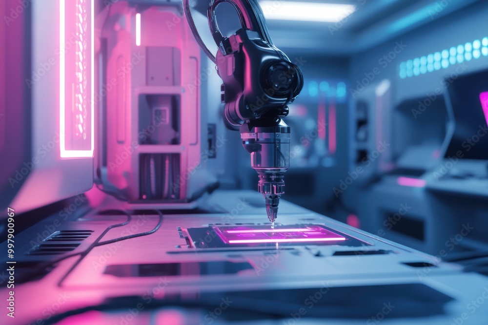 Fototapete a robotic arm meticulously assembles intricate machinery in a sleek lab filled with holographic pane