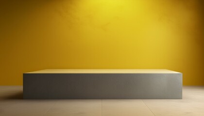 Studio with podium for product presentation. Empty floor and yellow wall with stand. 3D room with gradient background. Countertop with concrete or marble texture

