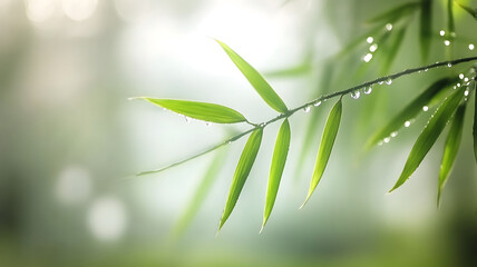 dewdrops hanging lightly on bamboo leaves, crystal clear