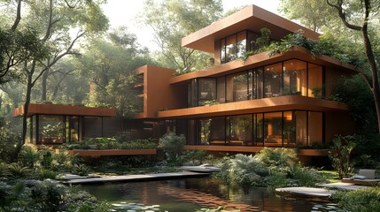 Fototapeta premium A modern house nestled in a lush forest, featuring large glass windows and earthy colors, blending harmoniously with nature.