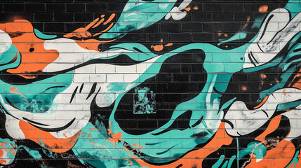 Pop art comic street graffiti with vibrant orange teal white color flow wave on black brick wall. Dirty wall background poster. Copy paste area for text and brand.