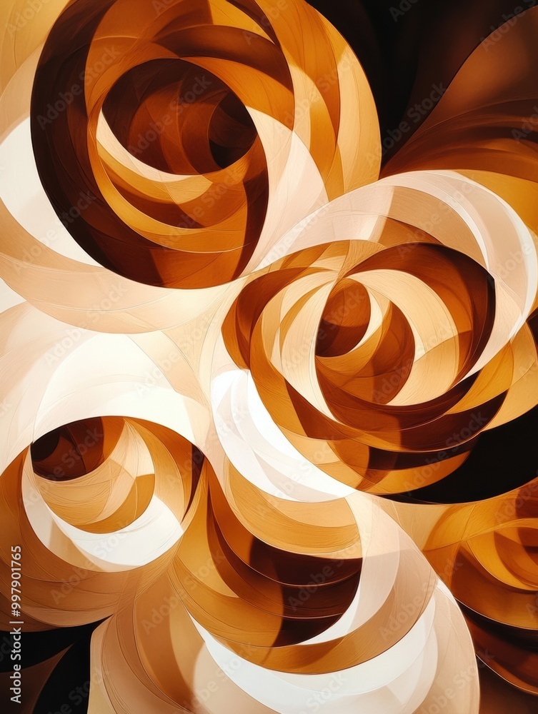 Poster Dynamic overlapping coffee cup rings in warm shades of brown create an engaging organic pattern full of movement and depth. Generative AI