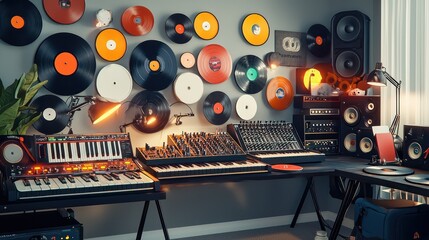 Home office with a music producer's setup, featuring synthesizers, soundboards, and vinyl record decor Creative and vibrant